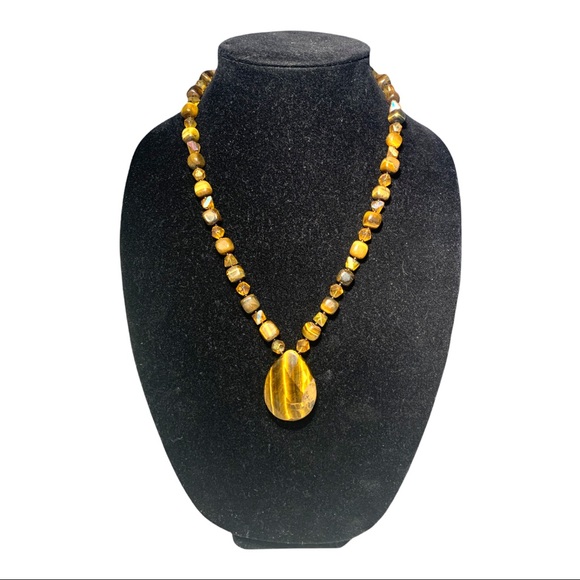 Chatoyant Tigers Eye Gemstone Necklace with Amber Coloured Beads Large - Picture 3 of 4